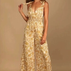 NWT Lulu's | Forever Days Cream Floral Jacquard Tie Strap Wide Leg Jumpsuit Sz M